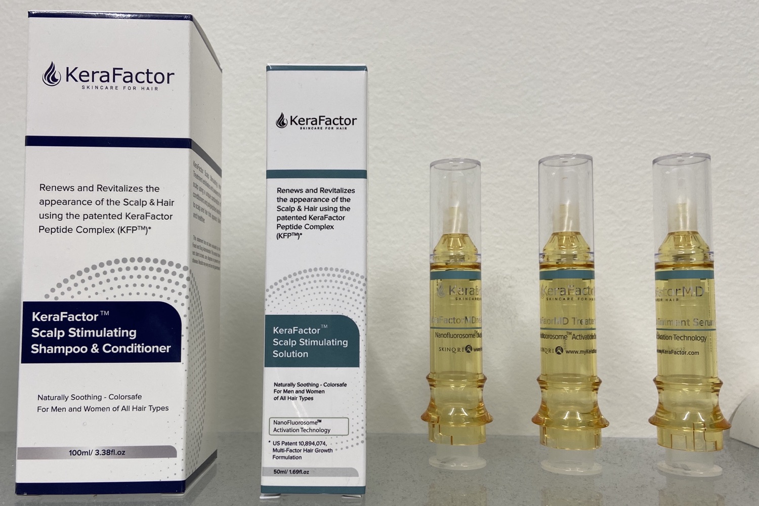 KeraFactor Scalp Stimulating Shampoo & Conditioner, Scalp Stimulating Solution, and KeraFactor MD serum ampoules at MIMoMD